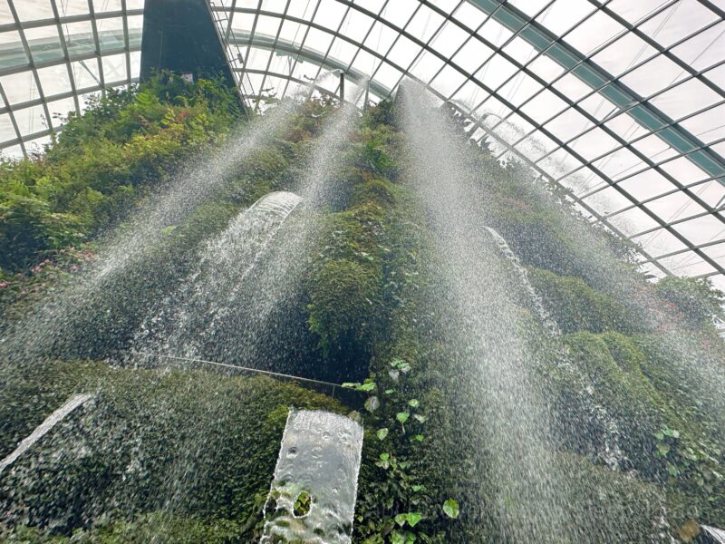 下から見上げた人工の滝